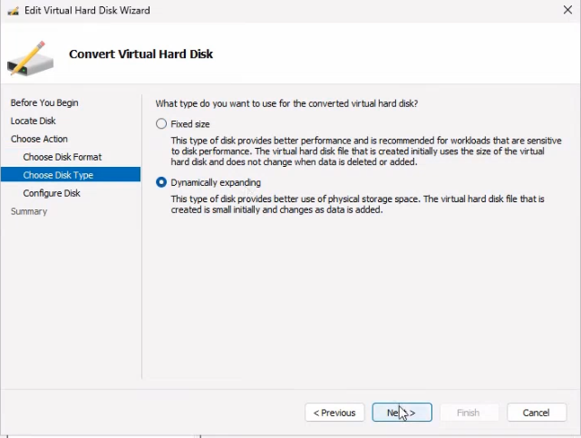 Edit Virtual Hard Disk Wizard Choose Disk Type page with Dynamically Expanding selected as the target type for the source fixed-size disk