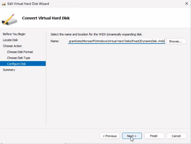 Edit Virtual Hard Disk Wizard Configure Disk page with the destination path D colon backslash VHDs backslash FixedToDynamicDisk1.vhdx specified for the converted output