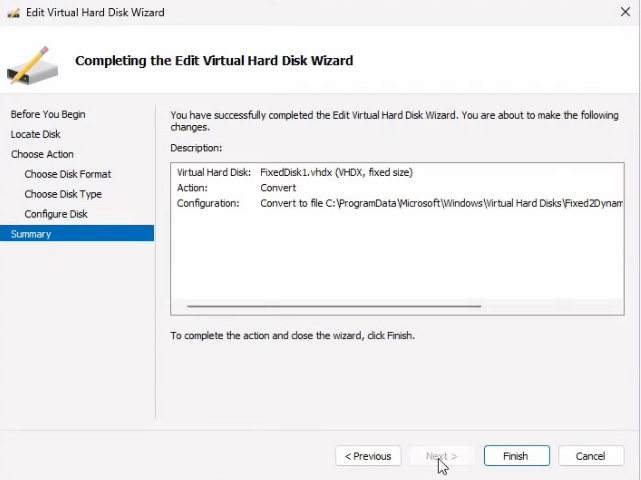 Edit Virtual Hard Disk Wizard Summary review page listing the conversion parameters before clicking Finish to begin the actual file rewrite