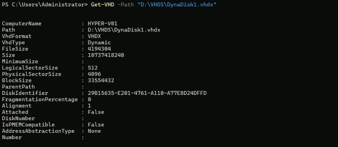 Elevated PowerShell output of Get-VHD -Path D colon backslash VHDs backslash DynDisk1.vhdx showing the source VHDX type as Dynamic and size as 10 GB before the dynamic-to-fixed conversion