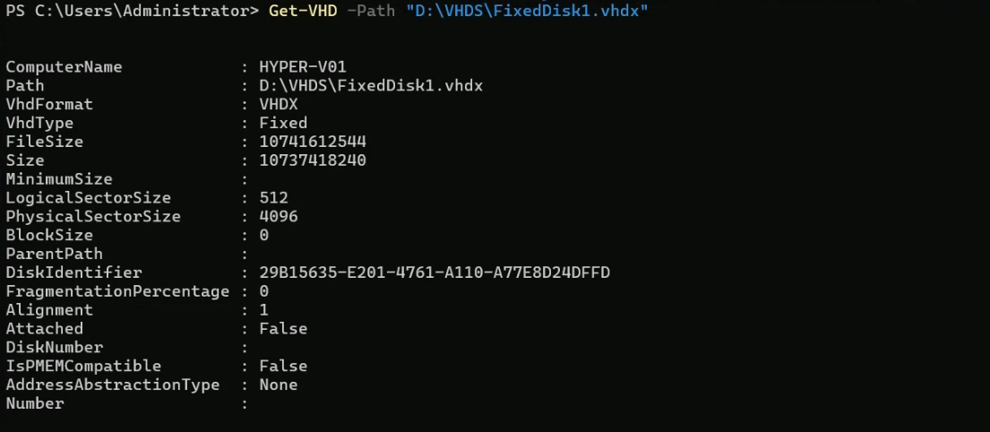 PowerShell output of Get-VHD -Path D colon backslash VHDs backslash FixedDisk1.vhdx showing the new VHDX type as Fixed with the same 10 GB size confirming the conversion completed successfully