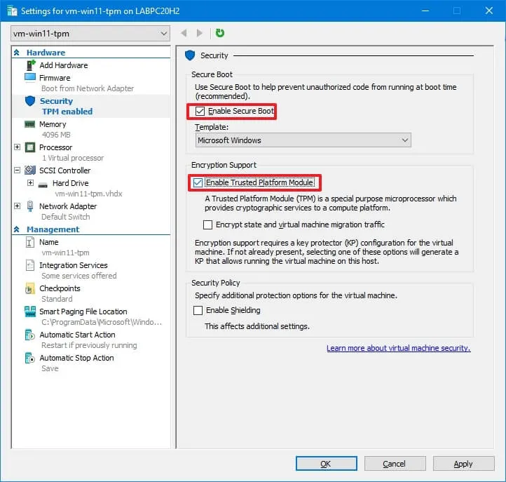 Hyper-V Manager Settings dialog open on a VM with the Security node selected in the left panel showing Enable Secure Boot checked with Microsoft Windows template selected and Enable Trusted Platform Module checked under the Encryption Support section