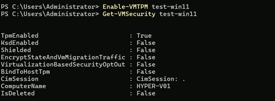 Elevated PowerShell window output of Get-VMSecurity for a VM showing the TpmEnabled property as True after running Enable-VMTPM, confirming the virtual TPM device is now exposed to the guest