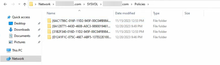 File Explorer inside backslash backslash smart.local backslash SYSVOL backslash smart.local backslash Policies showing the existing GPO GUID folders with no PolicyDefinitions folder present meaning no central store exists yet