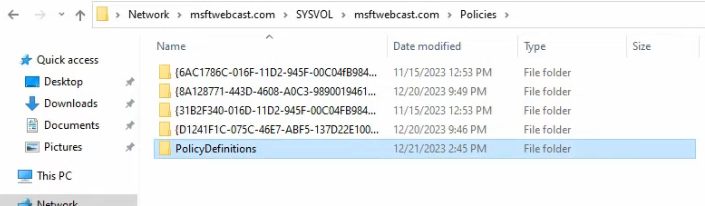 File Explorer in the same Policies folder after the new PolicyDefinitions folder has been created via right-click New Folder