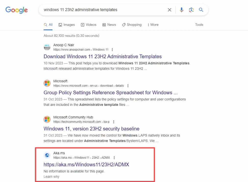 Microsoft Edge browser open at the official Microsoft Download Center page titled Administrative Templates for Windows 11 2023 Update with the publish date visible and the download link prominently displayed