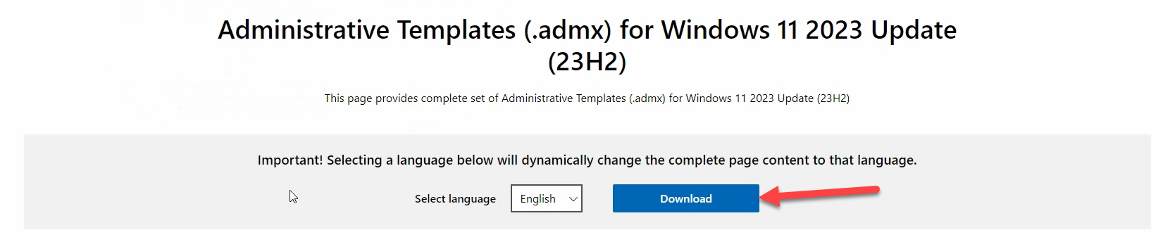 MSI download in progress in the browser footer showing the Administrative Templates for Windows 11 October 2023 Update file landing in the Downloads folder