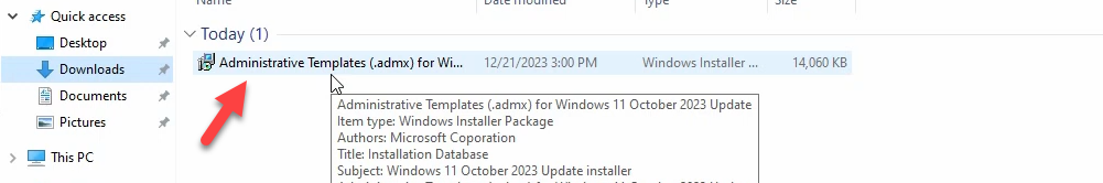 Setup wizard launched after double-clicking the MSI showing the Administrative Templates for Windows 11 October 2023 Update setup welcome page