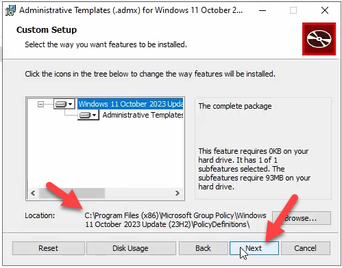 Setup wizard installation-folder page showing the default extract path C colon backslash Program Files (x86) backslash Microsoft Group Policy backslash Windows 11 October 2023 Update backslash PolicyDefinitions