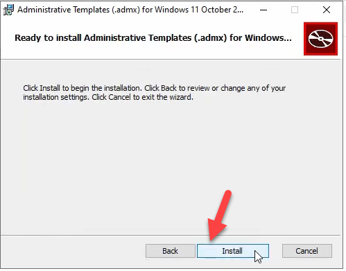 Setup wizard ready-to-install confirmation page with the Install button highlighted