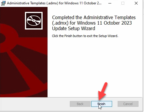 Setup wizard completion page reporting that the Administrative Templates for Windows 11 October 2023 Update setup has finished and the Finish button is available to close