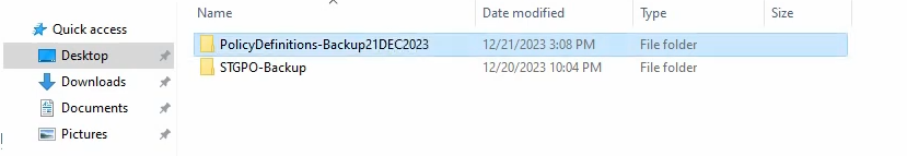 File Explorer view showing the existing PolicyDefinitions folder copied to the desktop as a backup safety net before the new templates are pasted into the live central store