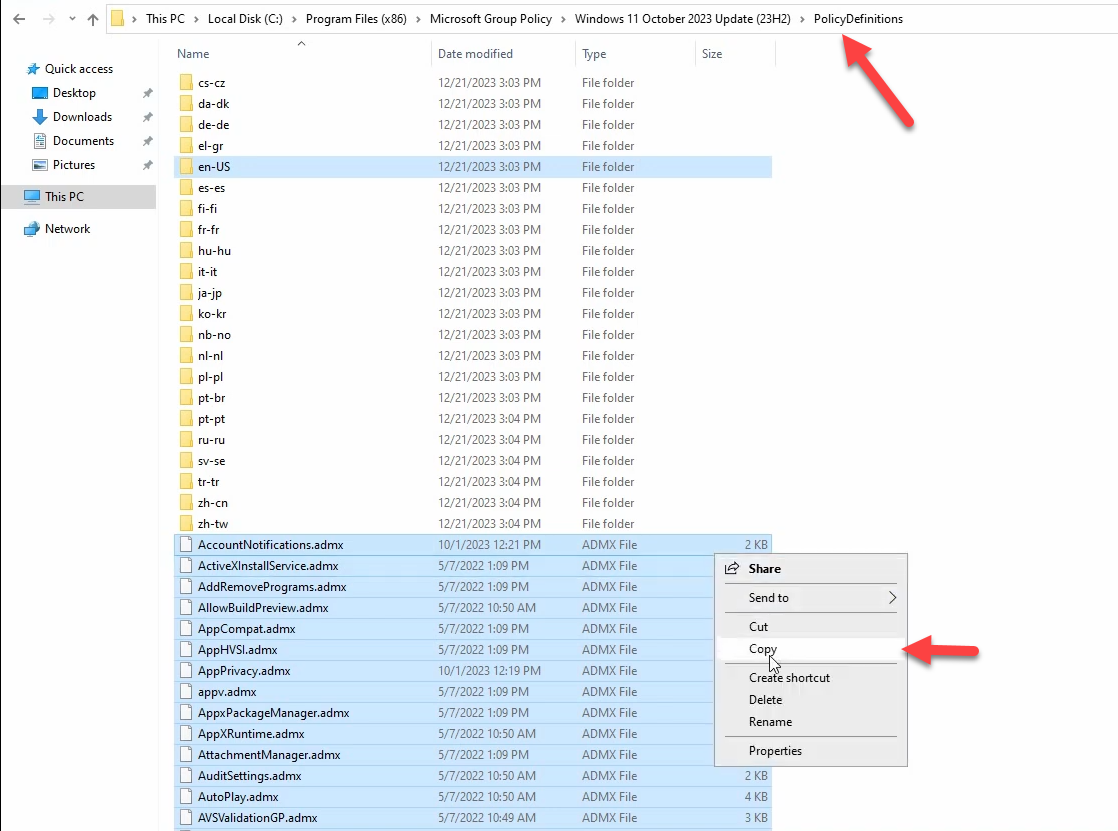 File Explorer back at the extract path with all the new ADMX files plus the en-US sub-folder selected and copied to clipboard for the deploy step