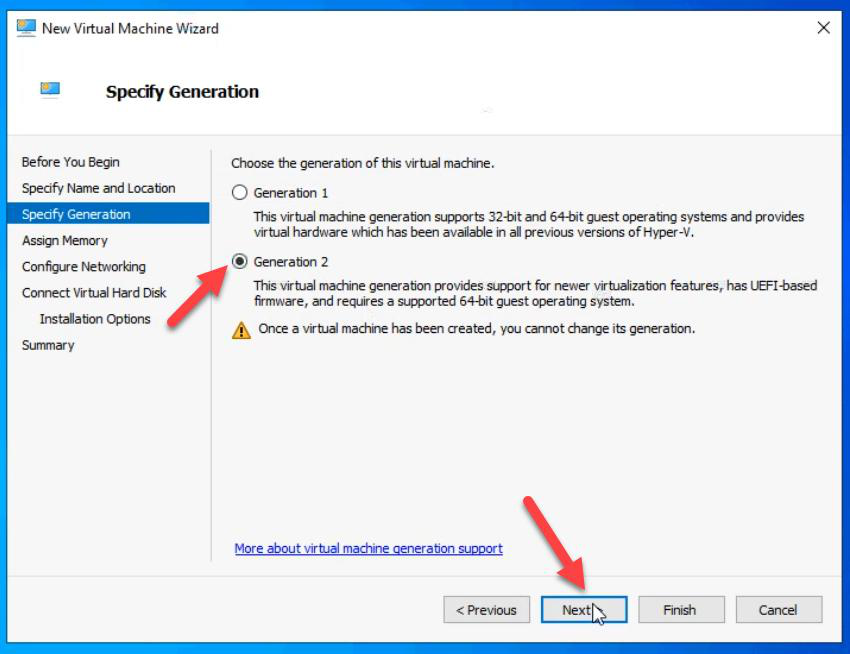 Specify Generation step with Generation 2 selected (UEFI, Secure Boot capable) which is the modern default for Windows Server 2022 installations