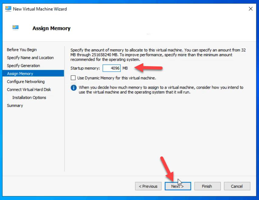 Assign Memory step with 4096 MB (4 GB) allocated as static memory for the iSCSI VM, sufficient for the iSCSI Target role plus OS overhead