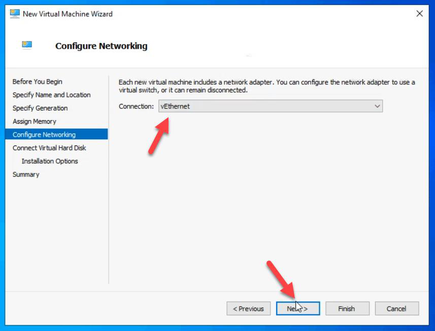 Configure Networking step with the External virtual switch selected so the VM can join the lab LAN before private storage and heartbeat switches are added later