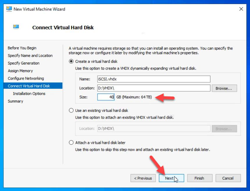 Connect Virtual Hard Disk step creating a new 40 GB VHDX for the operating system, sized for OS only since data disks come later