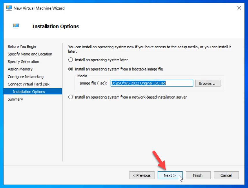 Installation Options step with Install an operating system from a bootable image file selected and a Windows Server 2022 ISO browsed to as the source