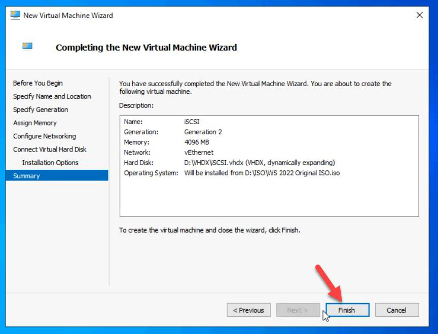 Completing the New Virtual Machine Wizard summary screen showing all selected options ready to commit with Finish