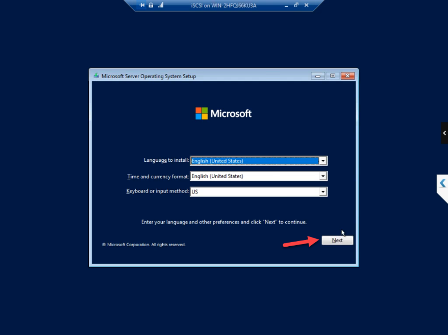 Windows Setup language and region selection screen with the standard locale options ready for Next