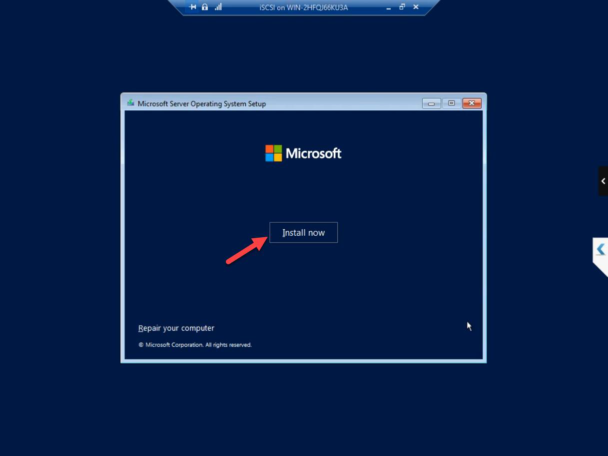 Windows Setup Install Now button screen, the entry to the actual installation flow