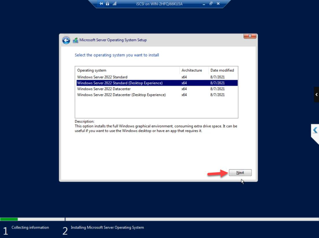 Windows Setup edition selection with Windows Server 2022 Standard (Desktop Experience) chosen for ease of use in this lab