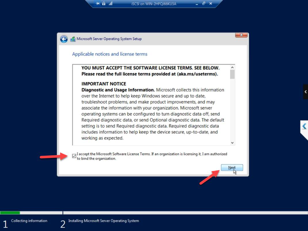Windows Setup licence agreement page with I accept the licence terms ticked ready to proceed