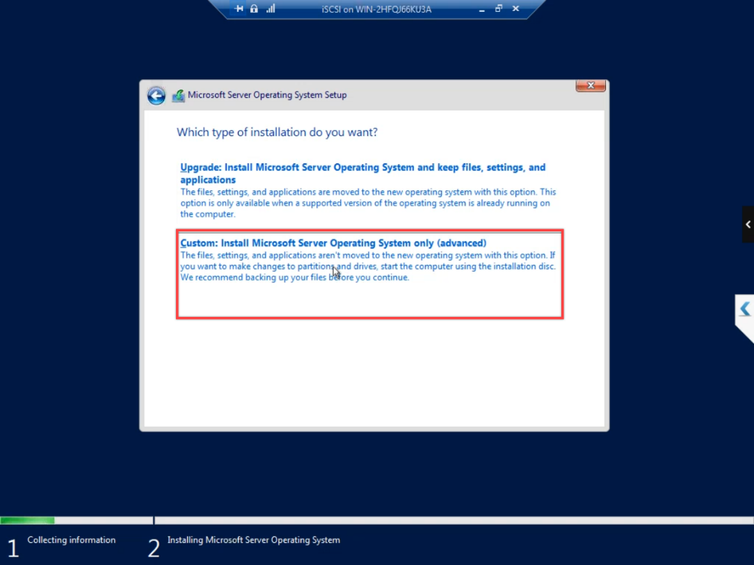 Installation Type step with Custom: Install Windows only (advanced) selected which is the only option that creates a fresh installation rather than upgrading