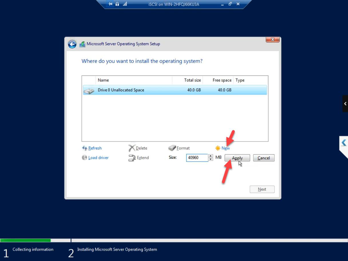 Drive partitioning step with the unallocated 40 GB shown and the New button being clicked to create the partition table