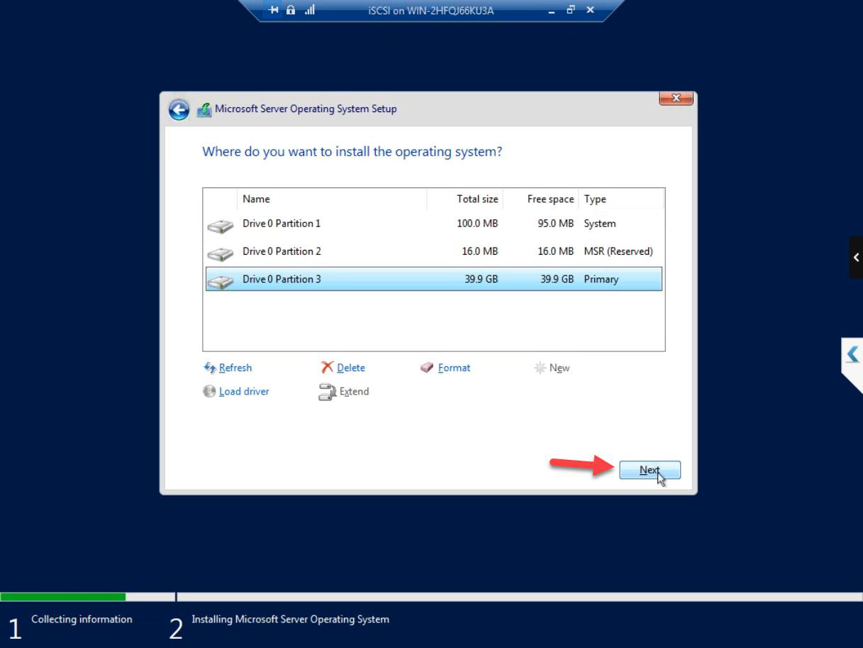 Drive partitioning result showing the System partition and Primary partition created and ready, with the Primary partition selected for installation