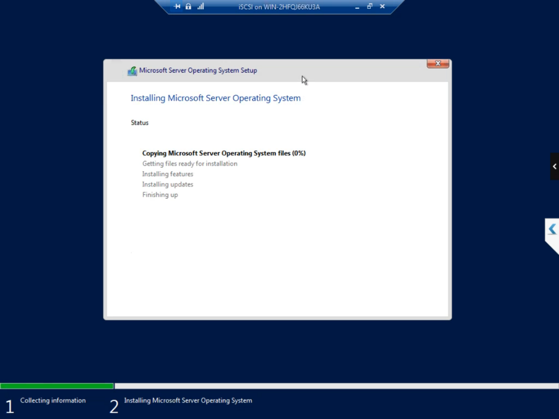 Windows installation in progress with the standard progress bar showing files being copied and features being installed