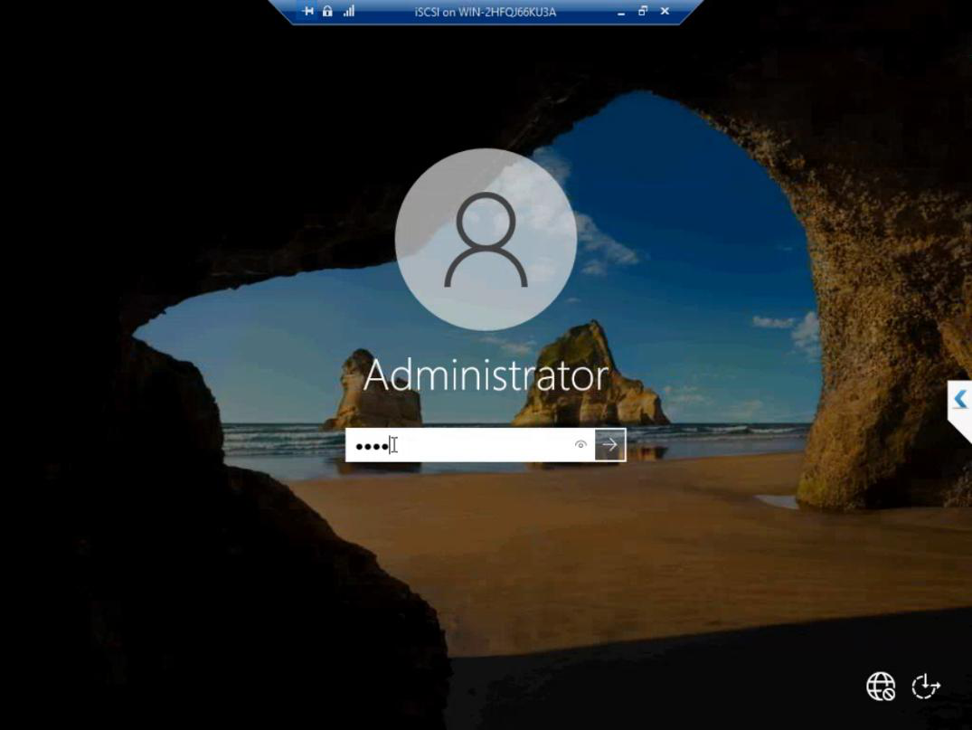Windows login screen with the Administrator account credentials being entered for the first sign-in