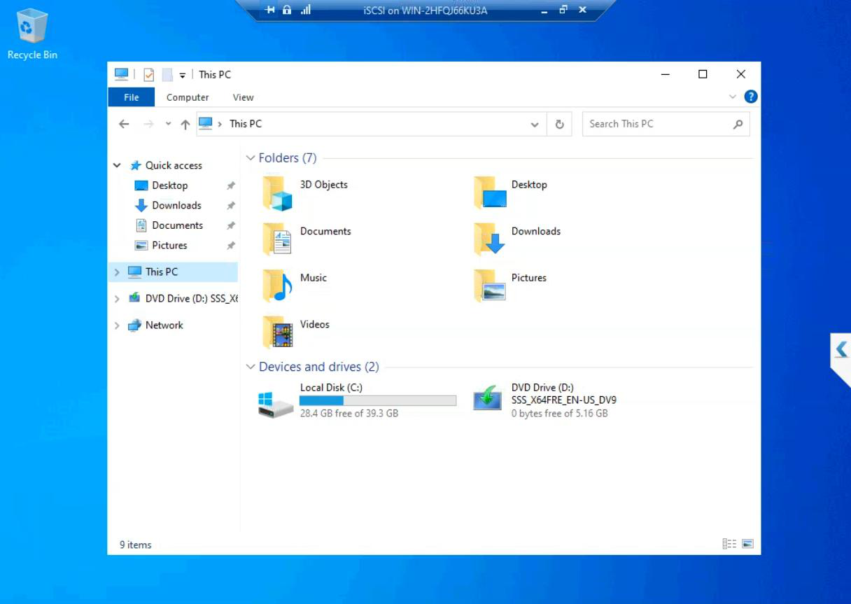 Windows Server desktop with Server Manager auto-launched, the iSCSI VM is now ready to be configured as the SAN in upcoming parts
