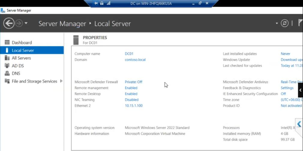 Hyper-V Manager inventory now showing the Domain Controller and the iSCSI VM created in Part 2, ready to add NODE-01 next
