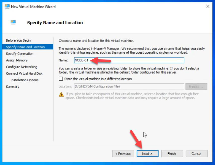 Specify Name and Location step with VM name set to NODE-01, the first cluster node