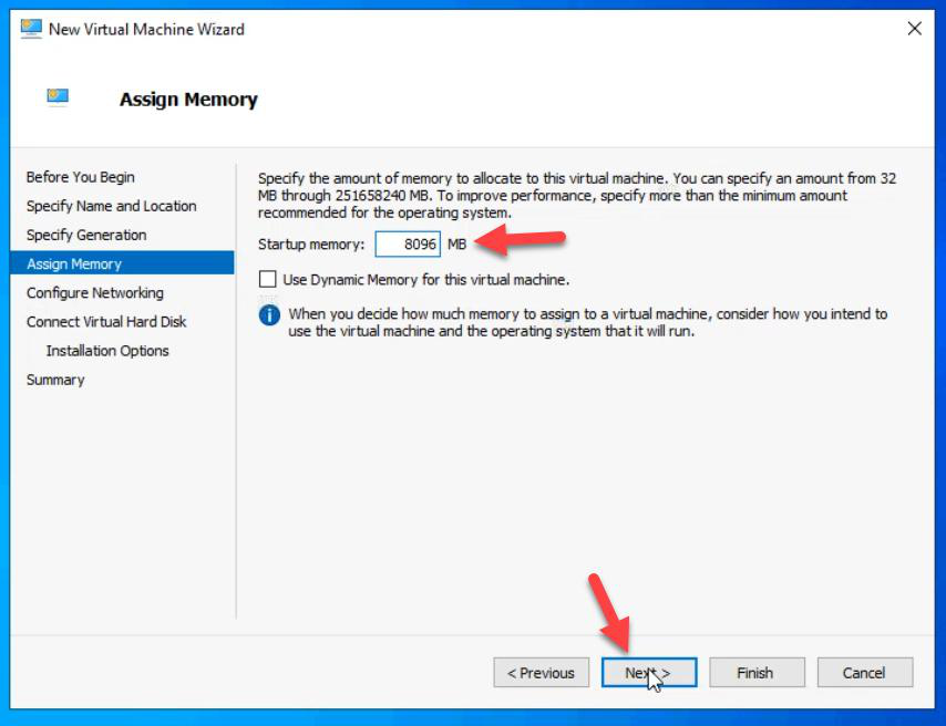 Assign Memory step with 8192 MB (8 GB) static allocated for NODE-01, more than the SAN VM because cluster nodes run hypervisor + Failover Clustering
