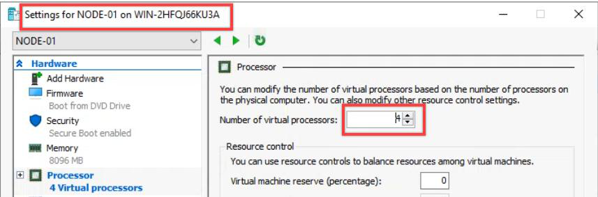 VM Settings Processor pane with vCPU bumped to 4 from the default 1