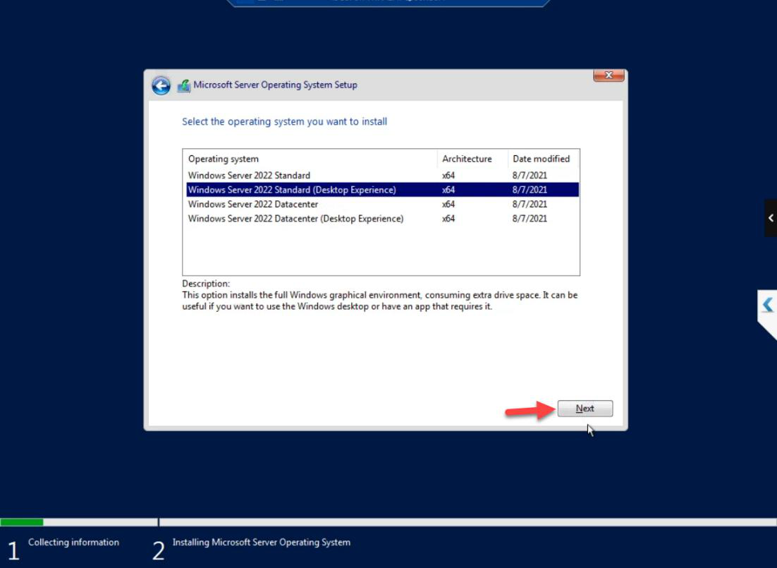 Windows Server 2022 edition selection with Standard Desktop Experience chosen