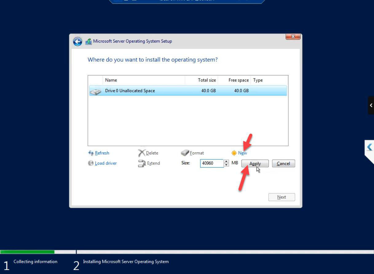 Drive partitioning step with New partition being created on the empty 40 GB VHDX