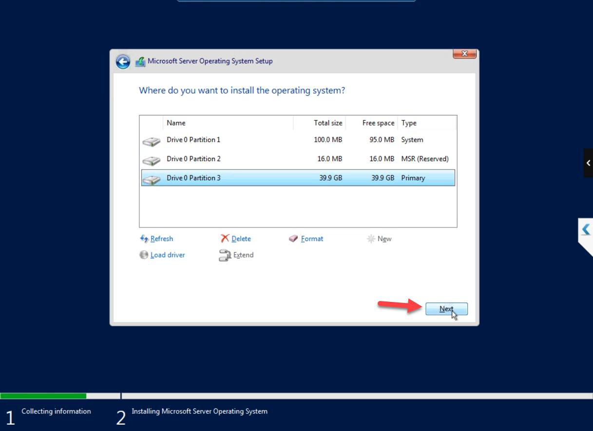 Partitions created showing System and Primary partitions ready for installation
