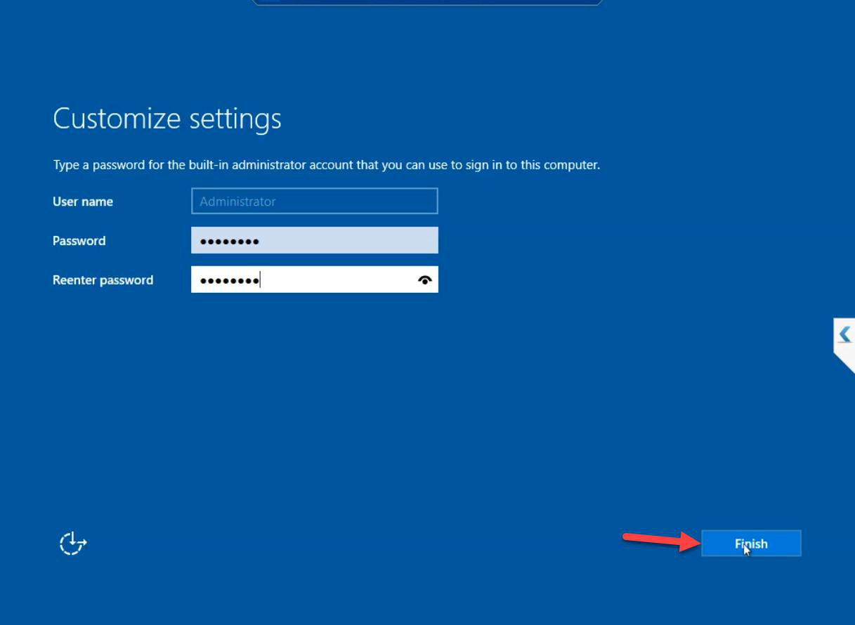 Customize settings step with Administrator password being set