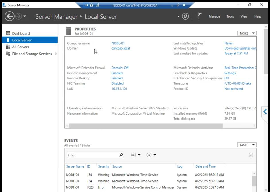 NODE-01 System Properties dialog showing the computer renamed to NODE-01 and joined to the infotechninja.local domain after restart