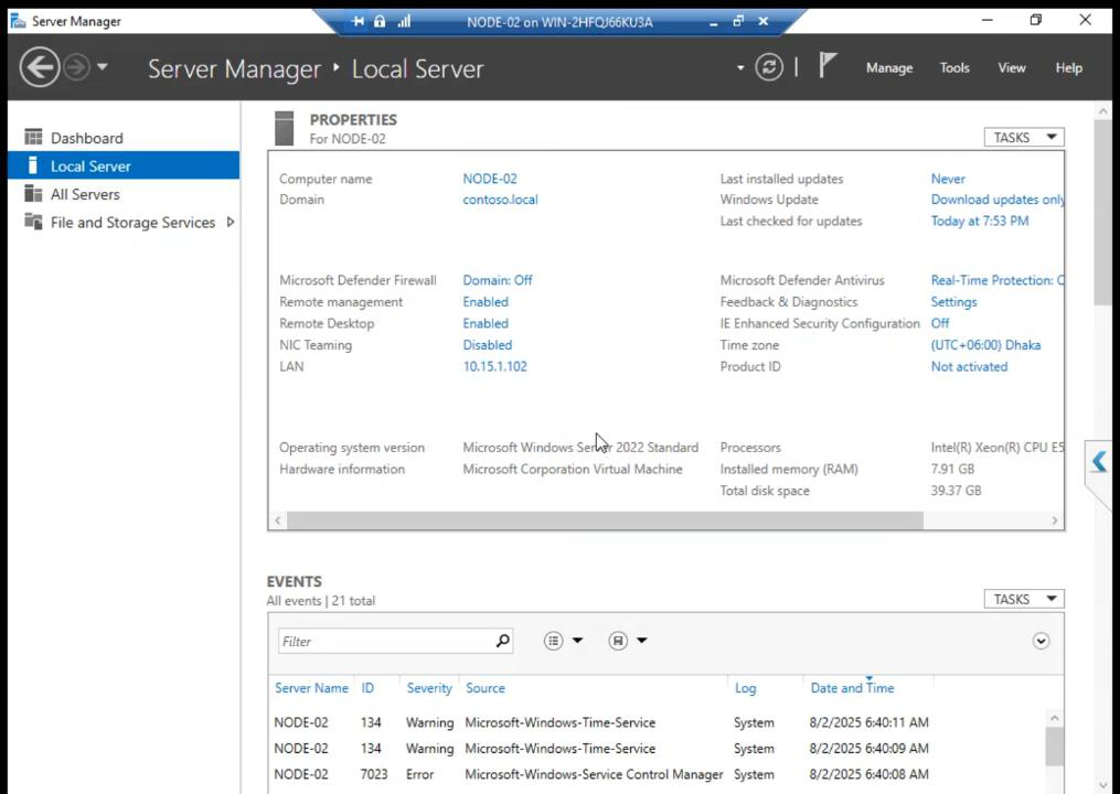 NODE-02 System Properties dialog with the same renamed-and-domain-joined state mirroring NODE-01