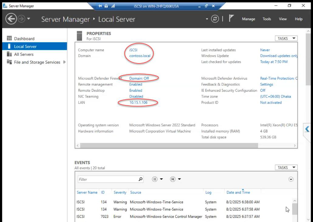 iSCSI VM System Properties showing the computer renamed to iSCSI and (optionally) joined to the infotechninja.local domain