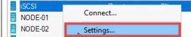 Hyper-V Manager right-click context menu on the iSCSI VM showing Settings, the entry to add a new virtual hard disk