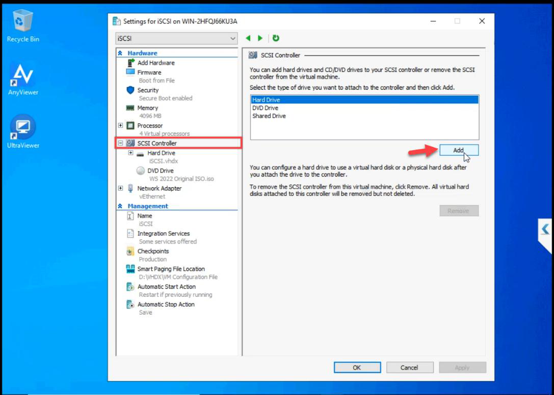 VM Settings dialog with SCSI Controller selected and Hard Drive being added on the right side