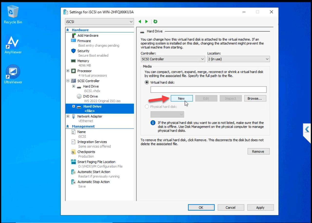 Hard Drive properties pane with the New button being clicked to launch the New Virtual Hard Disk Wizard