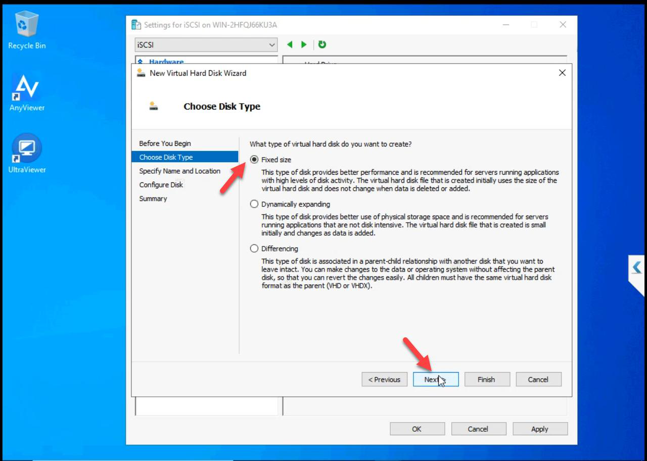 Choose Disk Type step with Fixed Size selected for consistent IOPS and no expand-pauses during workload