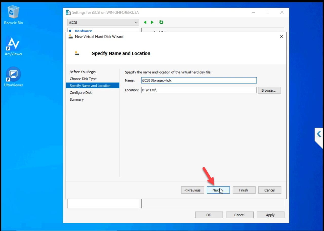 Specify Name and Location step with the new VHDX file being named (e.g. iSCSI-Storage)