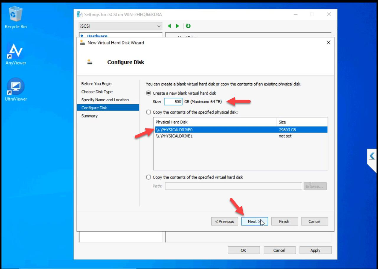 Configure Disk step with the size set to 500 GB, sufficient for the cluster LUNs in upcoming parts